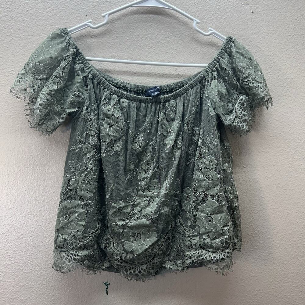 American Eagle Y2K Off‎ The Shoulder Top Sz XS Forest Fairy Green Lace Cropped